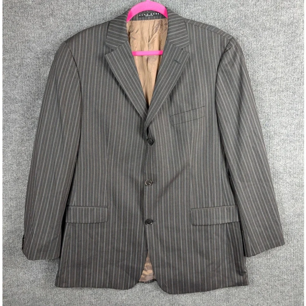Hugo Boss Pinstripe Blazer Mens 42R Grey Virgin Wool 3 Button Movie US Jacket